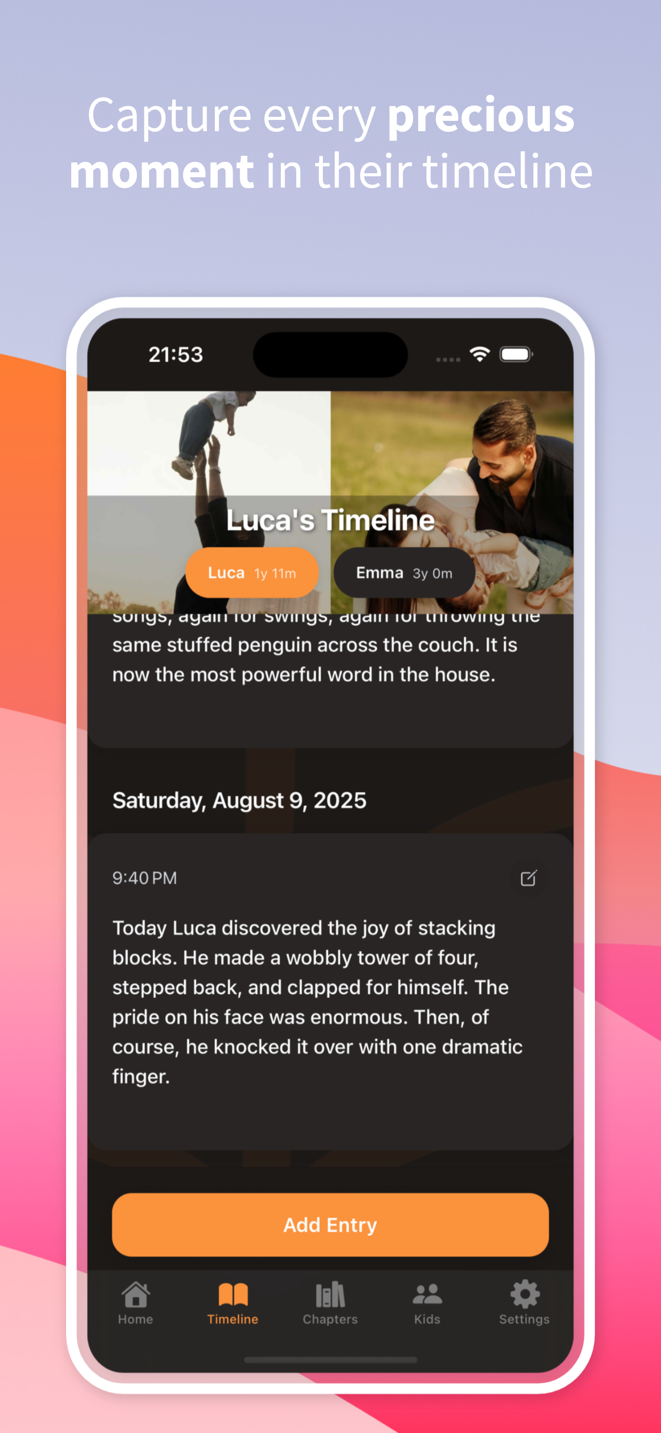 Timeline view with journal entries